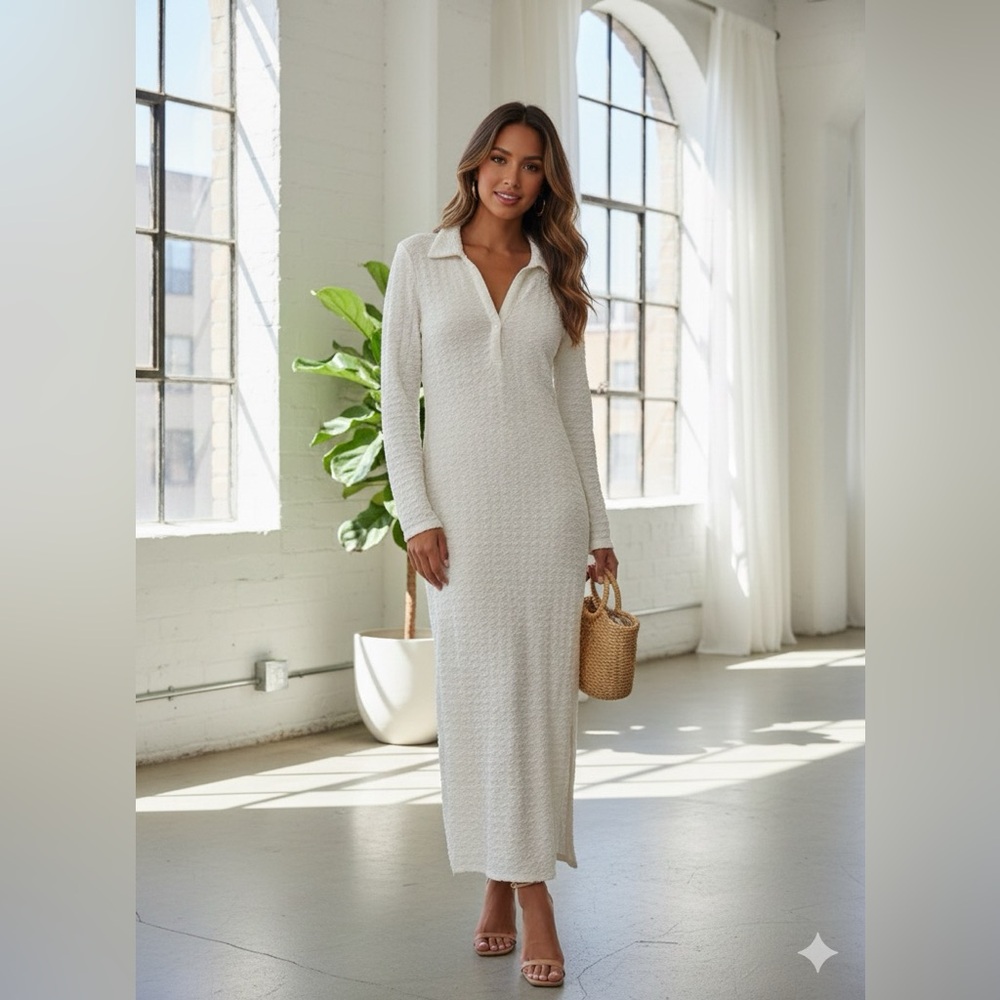 MISSGUIDED Cream Crinkle Polo Midi Dress NWT US 8
